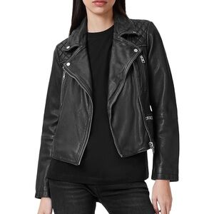 All Saints Distressed Leather Biker Jacket - Black/Grey